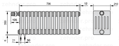 Схема (чертеж) Радиатор Zehnder Charleston 6035/16 №V001 Белый глянцевый RAL 9016